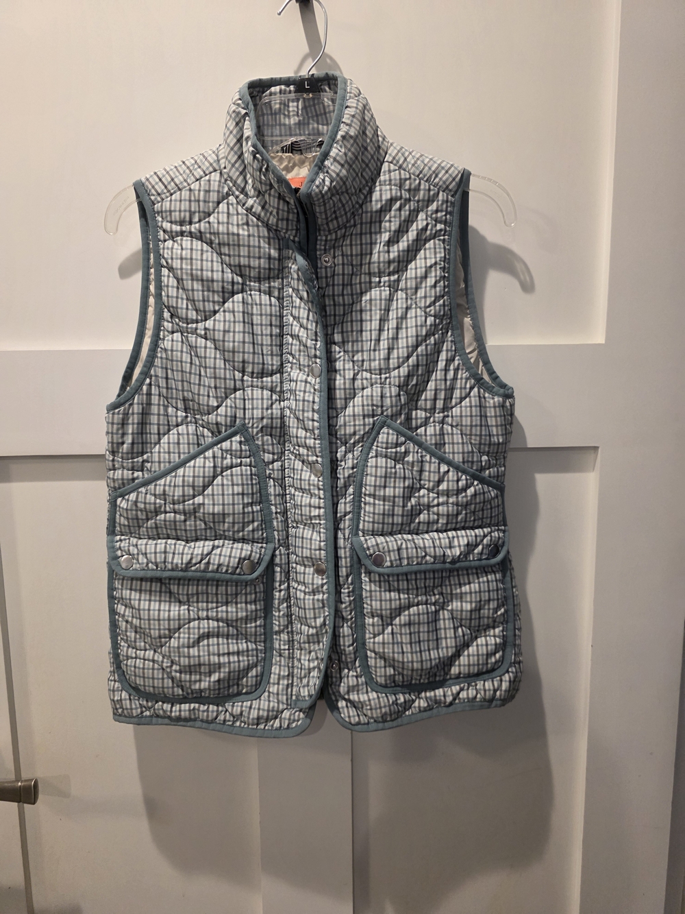 J.Crew Signature Puffer Vest Womens Small Plaid PrimaLoft Green Blue Quilted